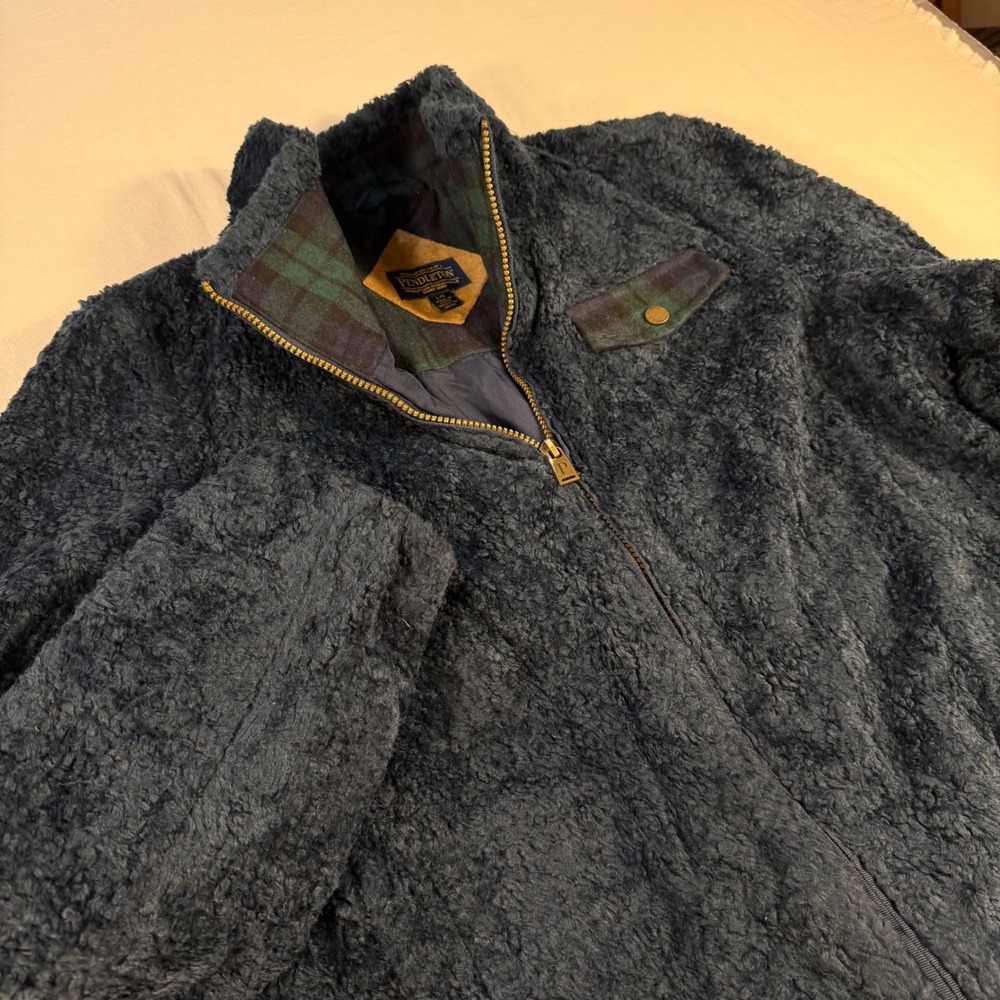 Pendleton Men's Sherpa Fleece Lined Full Zip Jacket Blue Plaid Collar Size LG